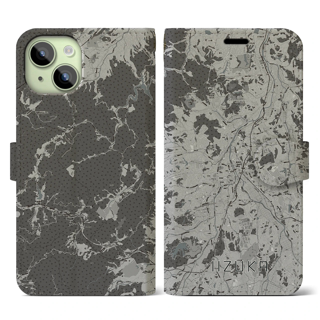 【飯塚(福岡県)】地図柄iPhoneケース(手帳タイプ)モノトーン・iPhone 15 用