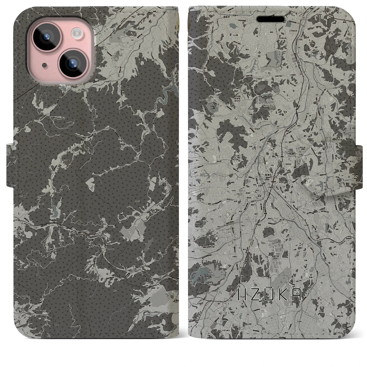 【飯塚(福岡県)】地図柄iPhoneケース(手帳タイプ)モノトーン・iPhone 15 Plus 用