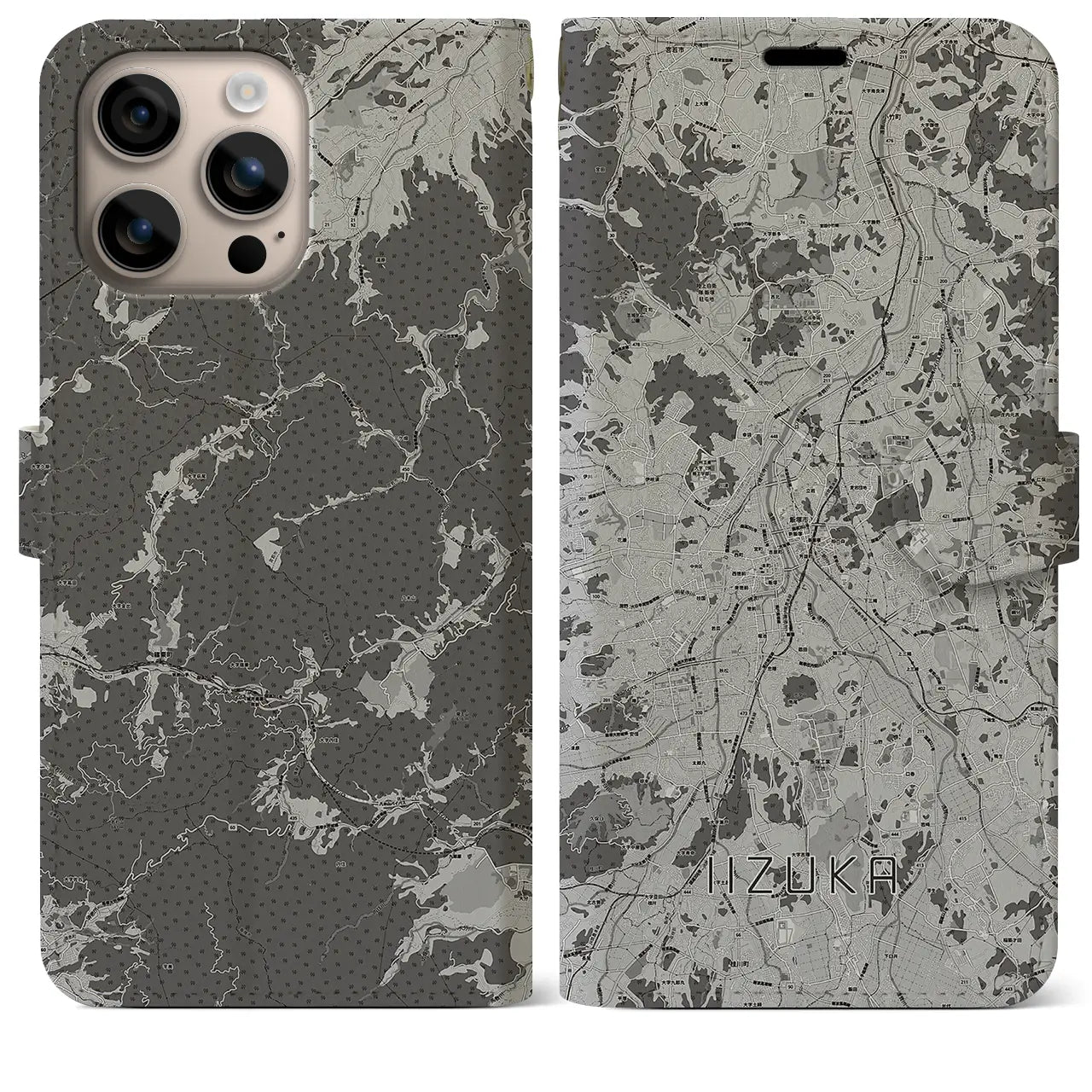 【飯塚(福岡県)】地図柄iPhoneケース(手帳タイプ)モノトーン・iPhone 16 Plus 用