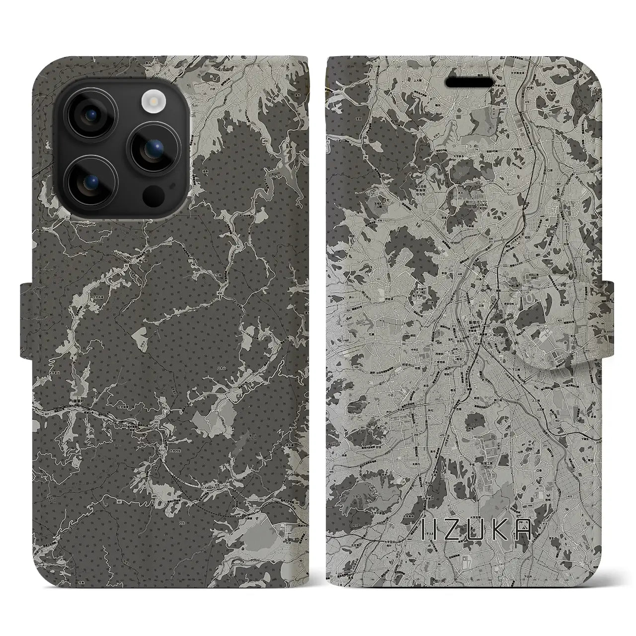 【飯塚(福岡県)】地図柄iPhoneケース(手帳タイプ)モノトーン・iPhone 16 用