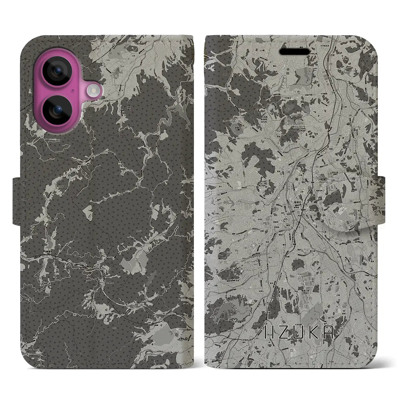 【飯塚(福岡県)】地図柄iPhoneケース(手帳タイプ)モノトーン・iPhone 16 Pro 用