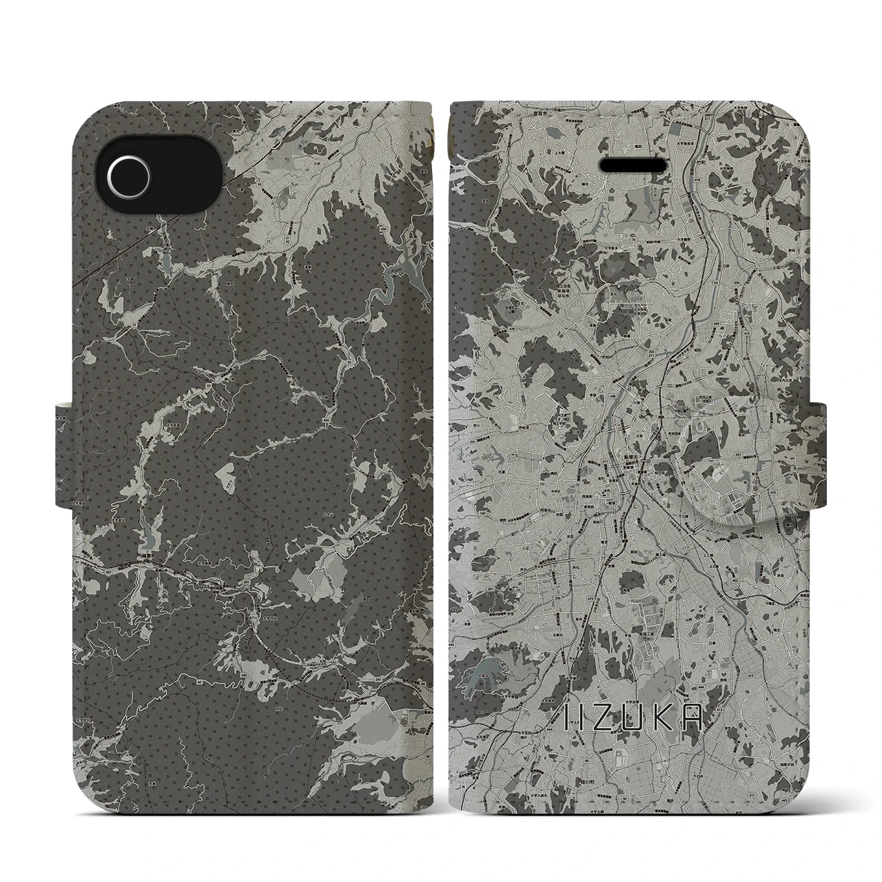 【飯塚(福岡県)】地図柄iPhoneケース(手帳タイプ)モノトーン・iPhone SE(第3 / 第2世代) / 8 / 7 / 6s / 6 用