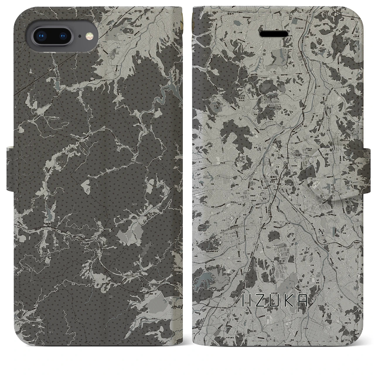 【飯塚(福岡県)】地図柄iPhoneケース(手帳タイプ)モノトーン・iPhone 8Plus /7Plus / 6sPlus / 6Plus 用