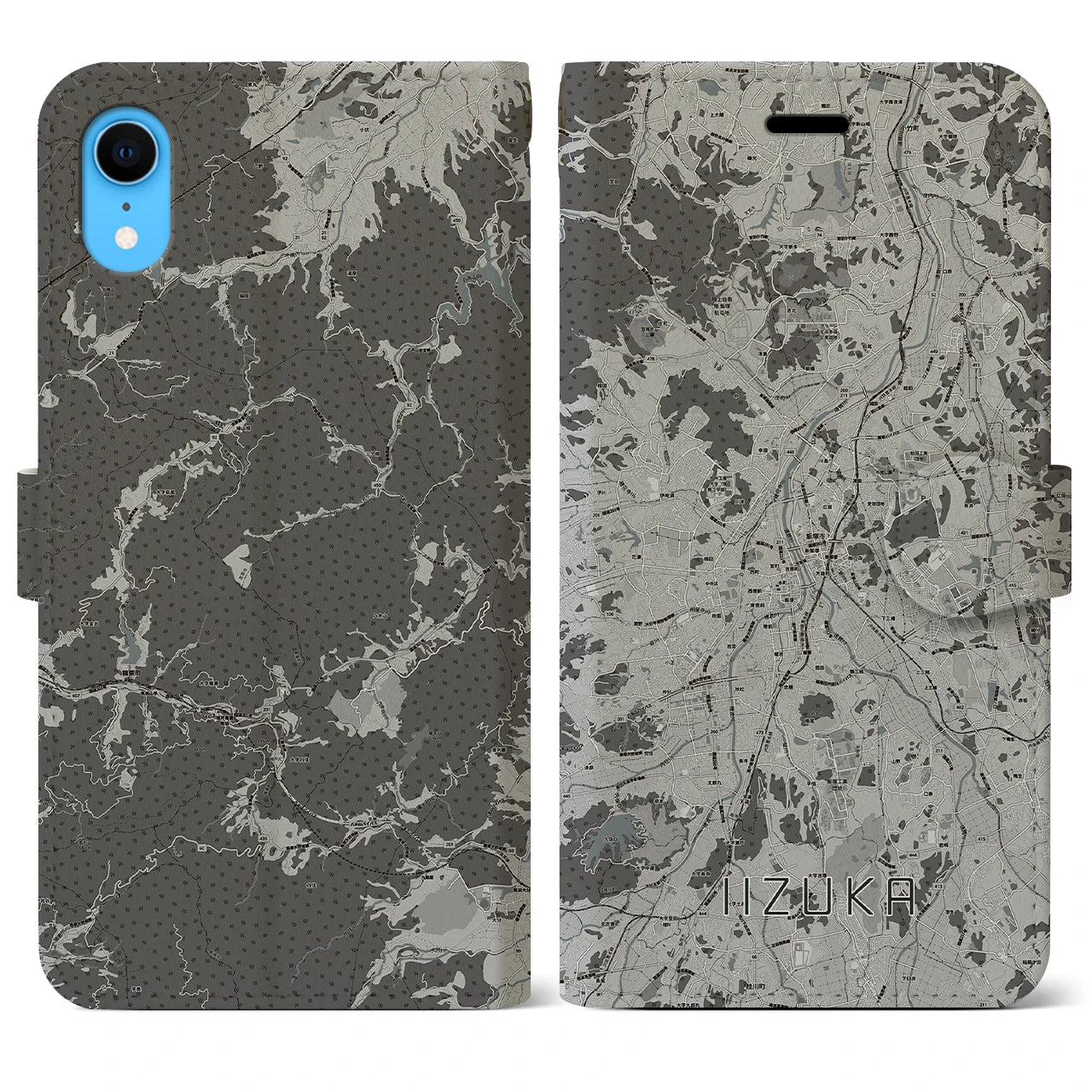 【飯塚(福岡県)】地図柄iPhoneケース(手帳タイプ)モノトーン・iPhone XR 用