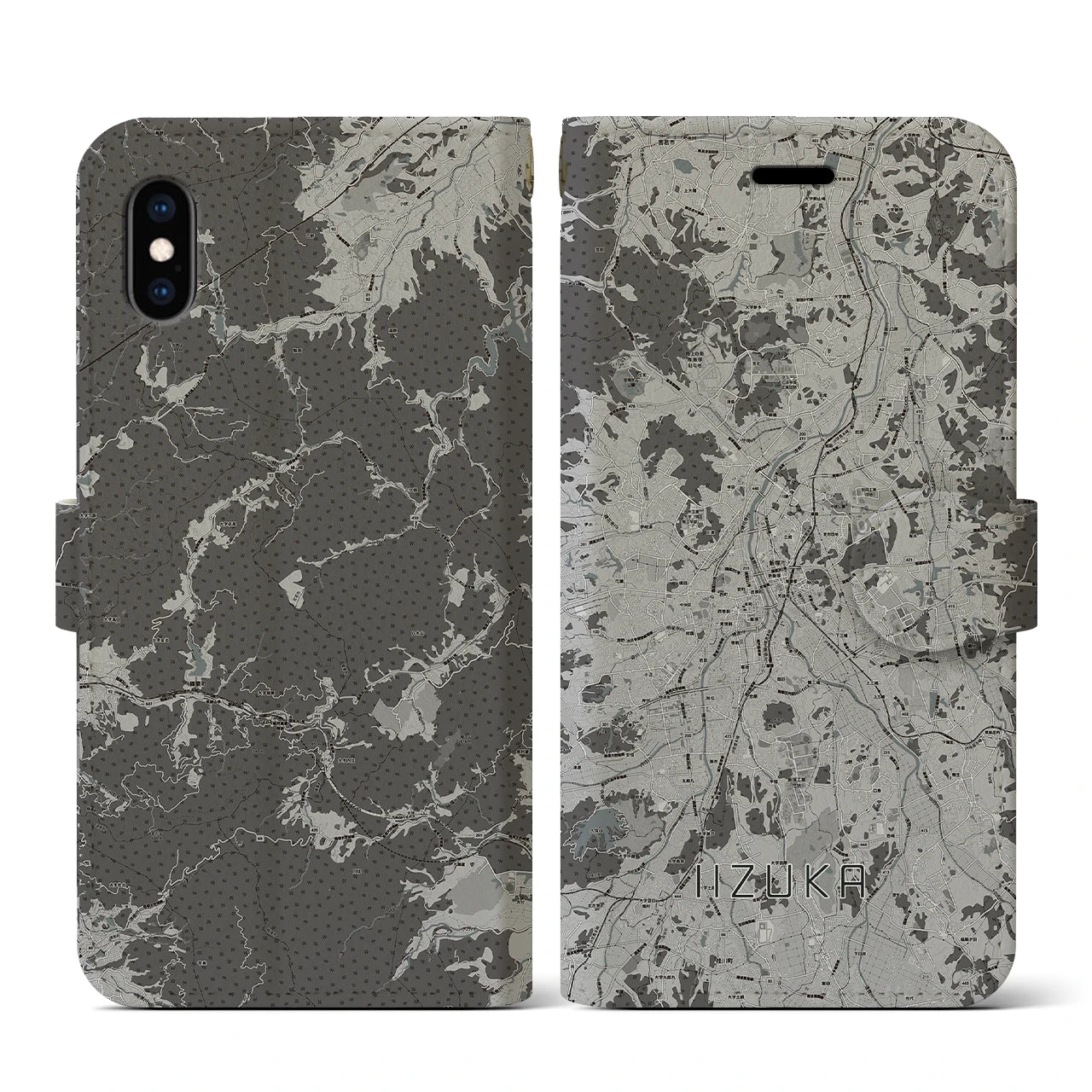 【飯塚(福岡県)】地図柄iPhoneケース(手帳タイプ)モノトーン・iPhone XS / X 用