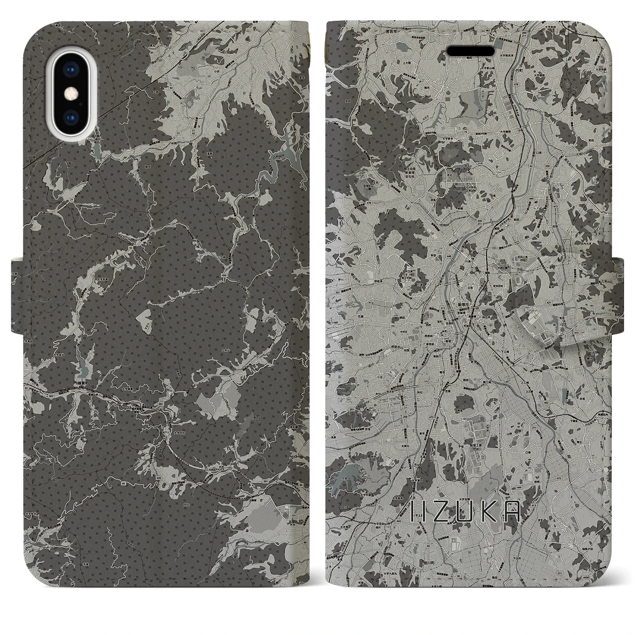 【飯塚(福岡県)】地図柄iPhoneケース(手帳タイプ)モノトーン・iPhone XS Max 用