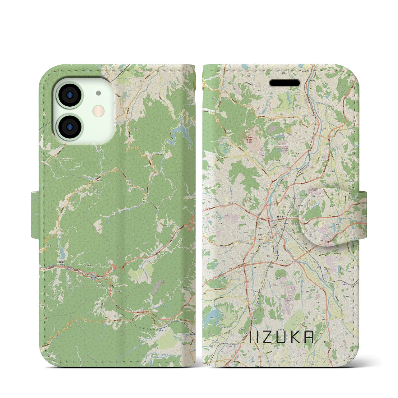 【飯塚(福岡県)】地図柄iPhoneケース(手帳タイプ)ナチュラル・iPhone 12 mini 用