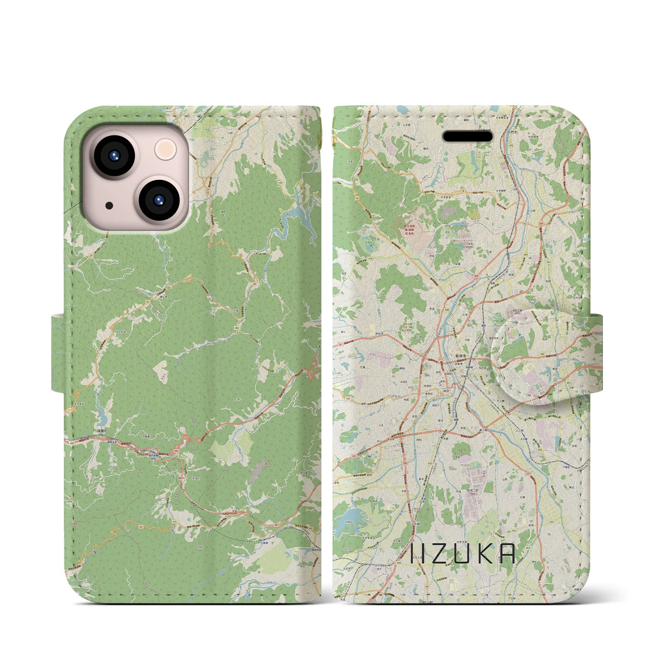 【飯塚(福岡県)】地図柄iPhoneケース(手帳タイプ)ナチュラル・iPhone 13 mini 用