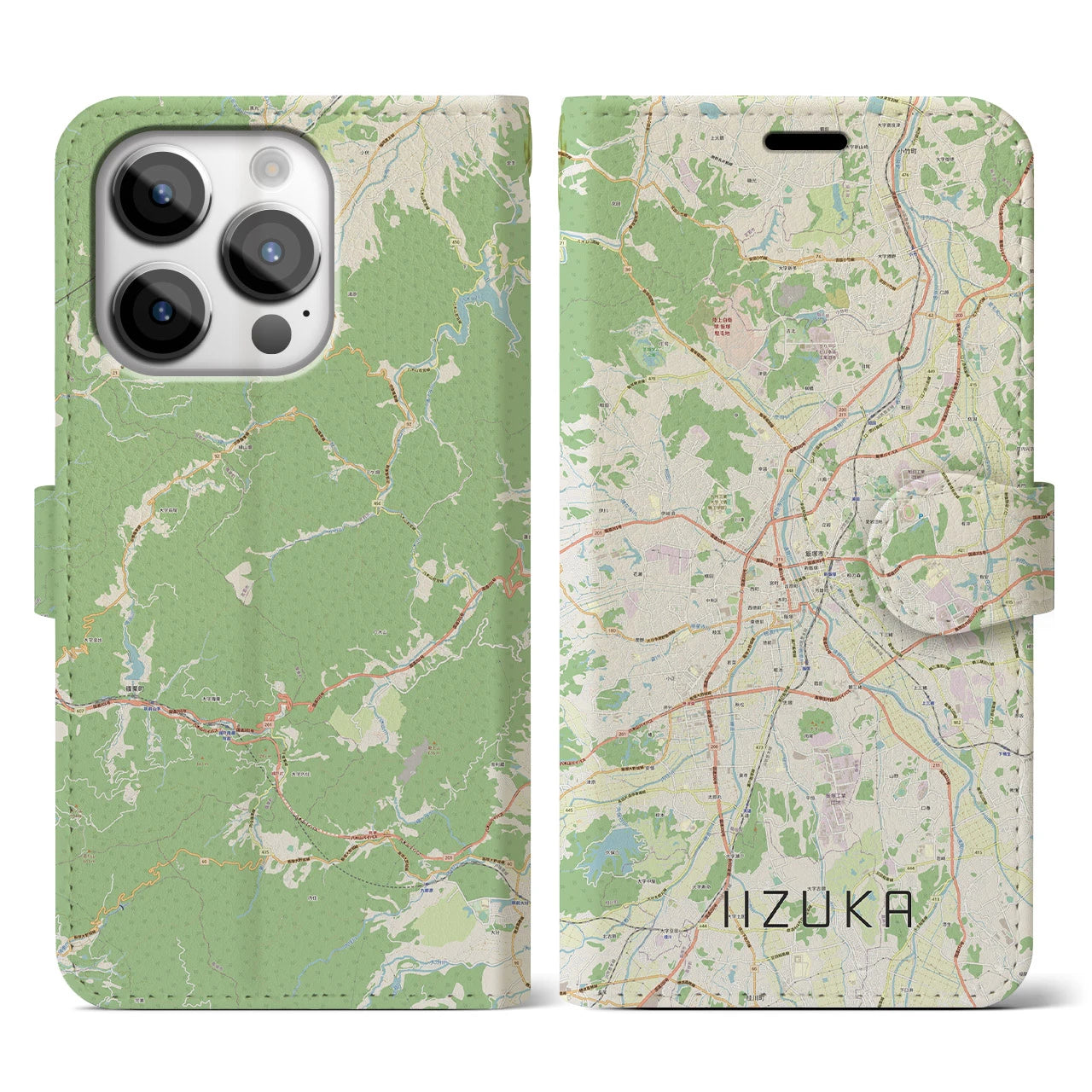 【飯塚(福岡県)】地図柄iPhoneケース(手帳タイプ)ナチュラル・iPhone 14 Pro 用