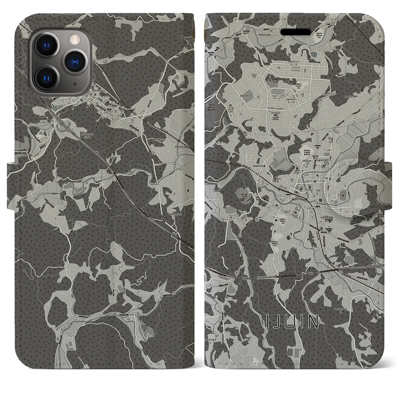 【伊集院(鹿児島県)】地図柄iPhoneケース(手帳タイプ)モノトーン・iPhone 11 Pro Max 用