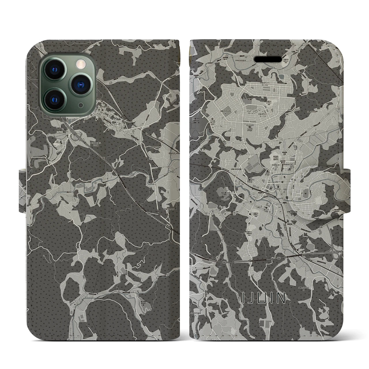 【伊集院(鹿児島県)】地図柄iPhoneケース(手帳タイプ)モノトーン・iPhone 11 Pro 用