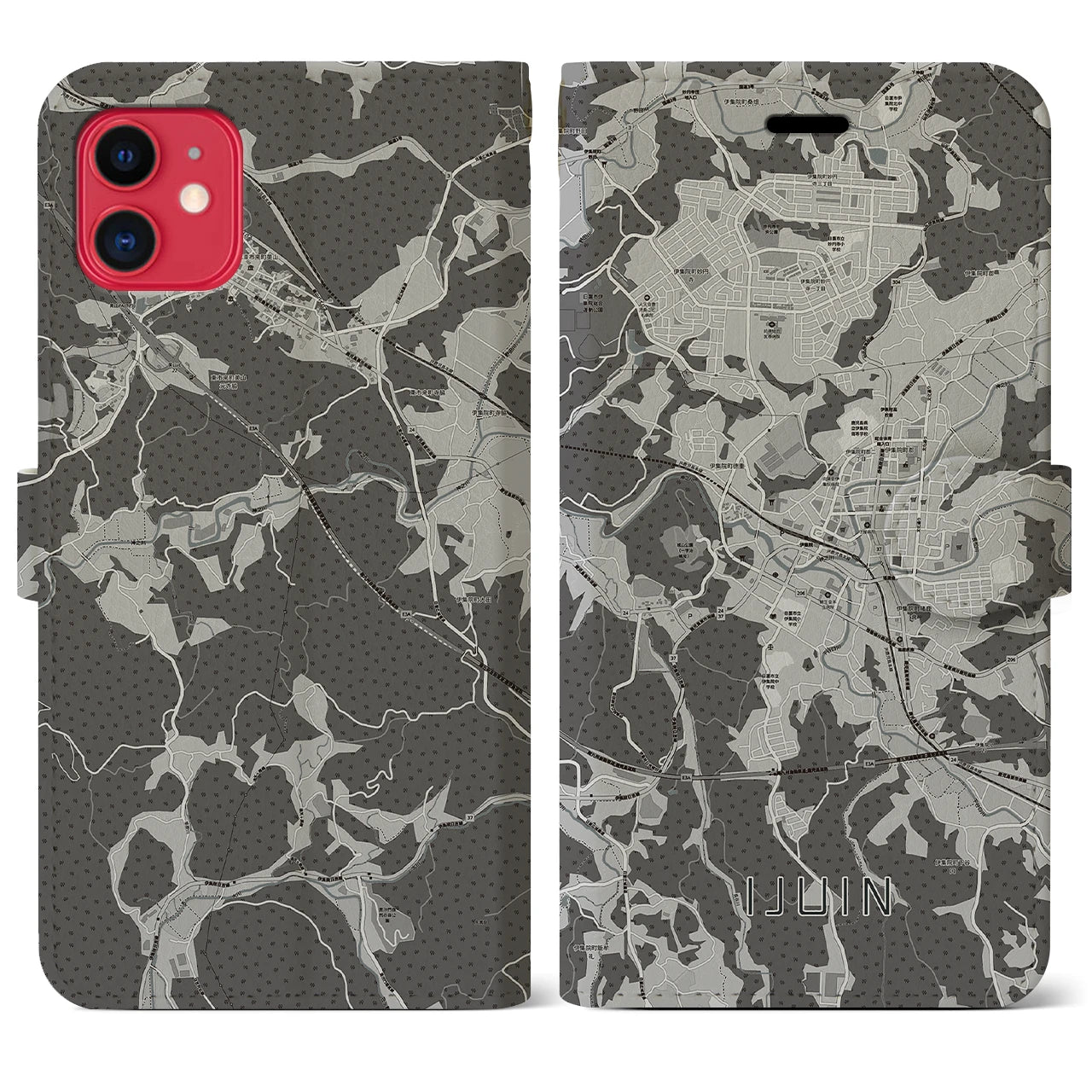 【伊集院(鹿児島県)】地図柄iPhoneケース(手帳タイプ)モノトーン・iPhone 11 用