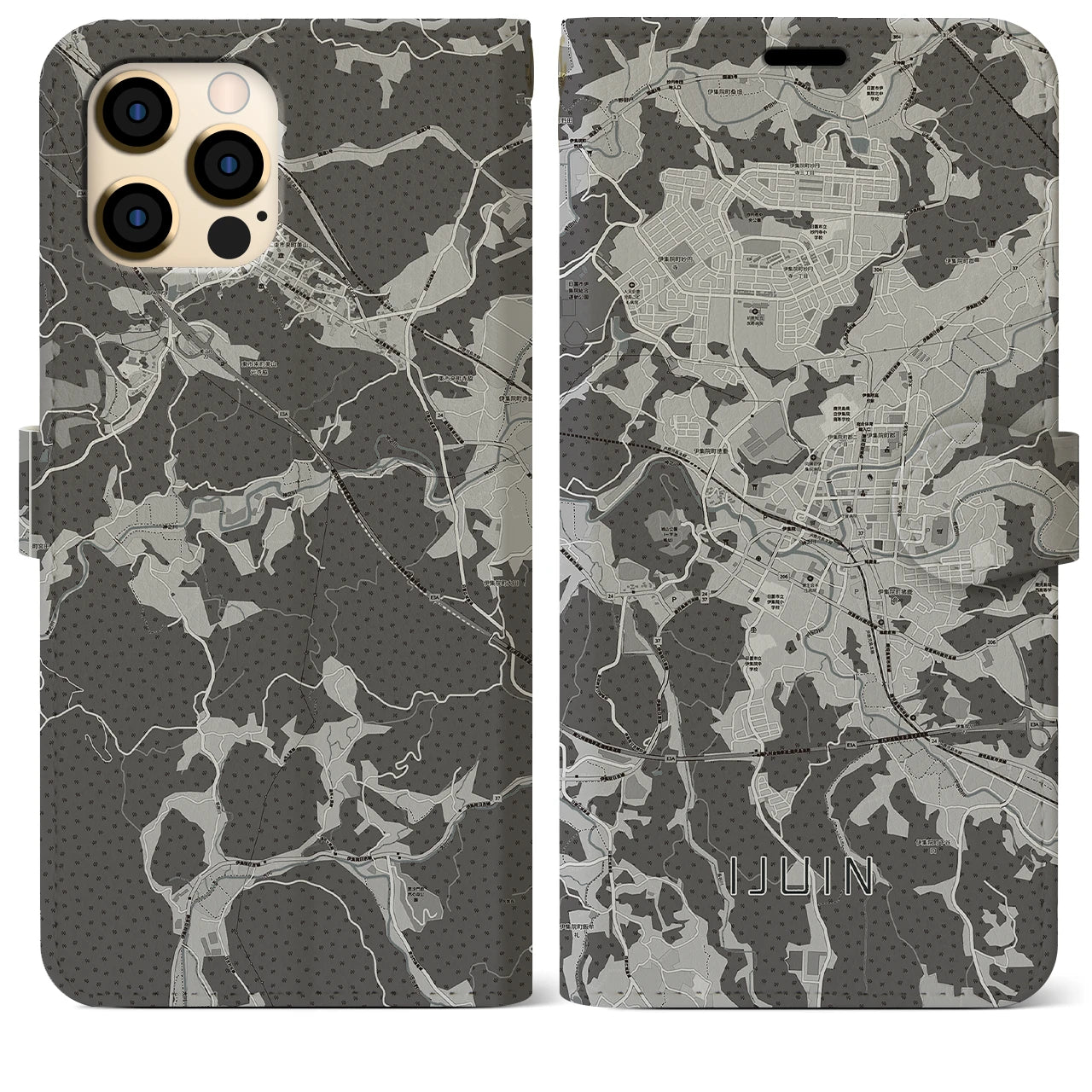 【伊集院(鹿児島県)】地図柄iPhoneケース(手帳タイプ)モノトーン・iPhone 12 Pro Max 用
