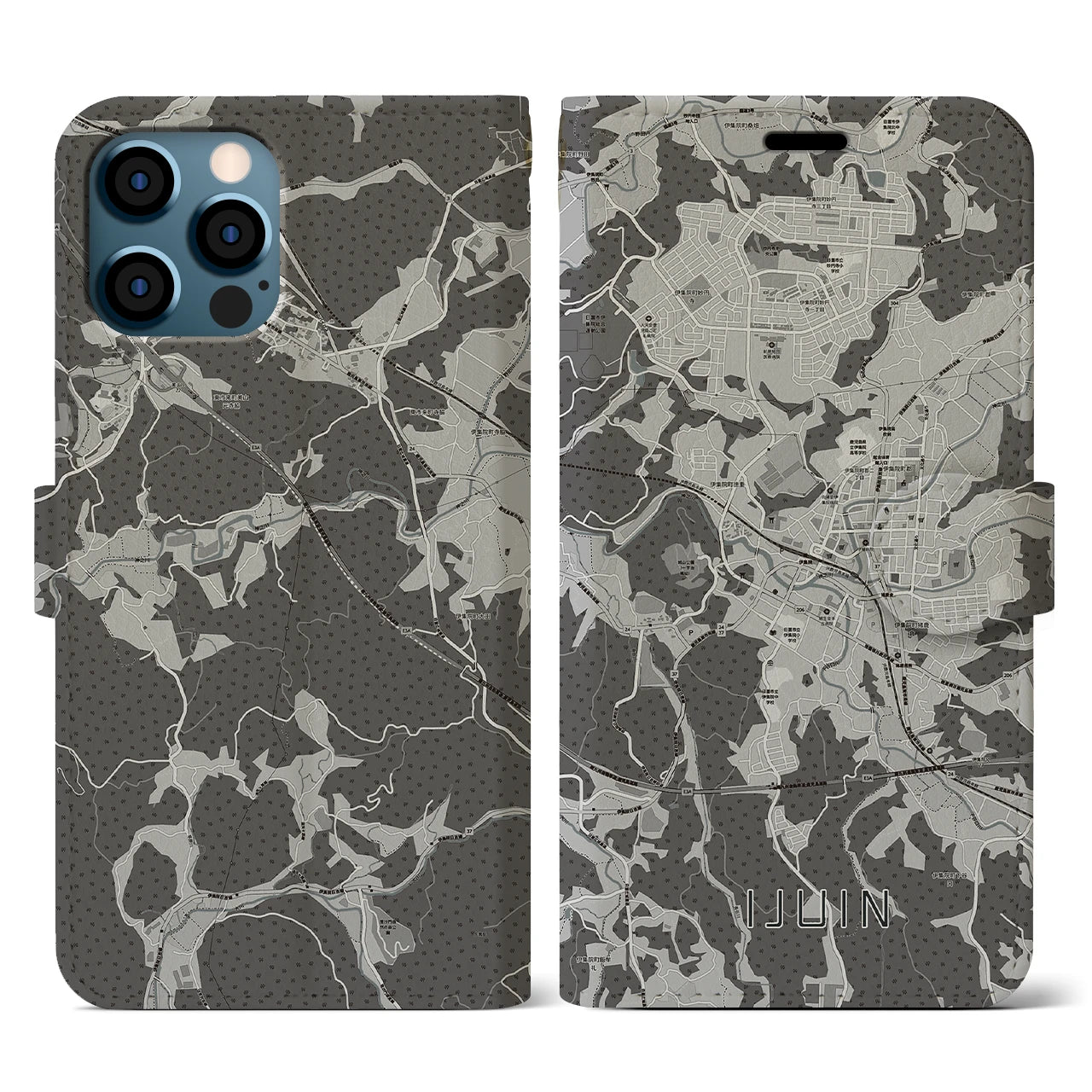【伊集院(鹿児島県)】地図柄iPhoneケース(手帳タイプ)モノトーン・iPhone 12 / 12 Pro 用