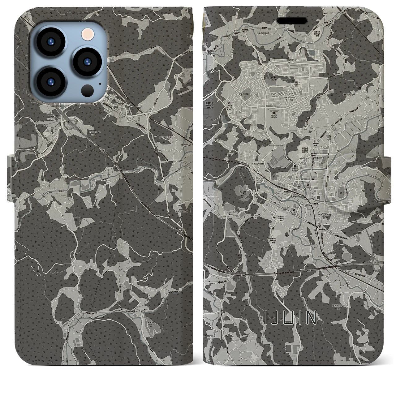 【伊集院(鹿児島県)】地図柄iPhoneケース(手帳タイプ)モノトーン・iPhone 13 Pro Max 用