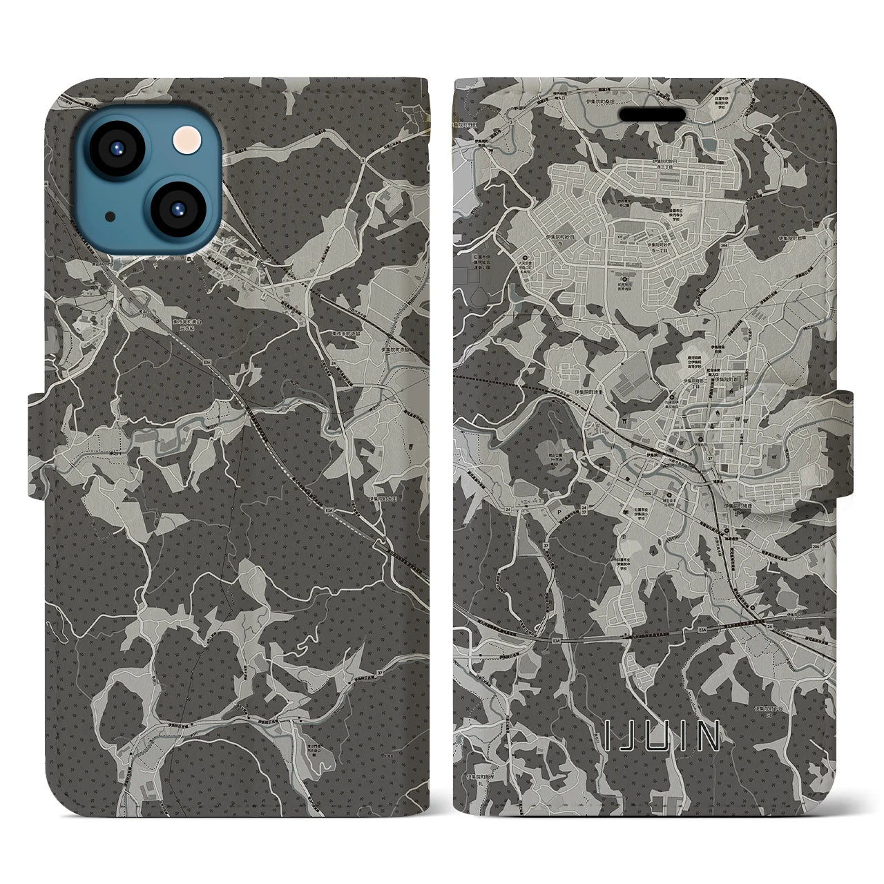 【伊集院(鹿児島県)】地図柄iPhoneケース(手帳タイプ)モノトーン・iPhone 13 用