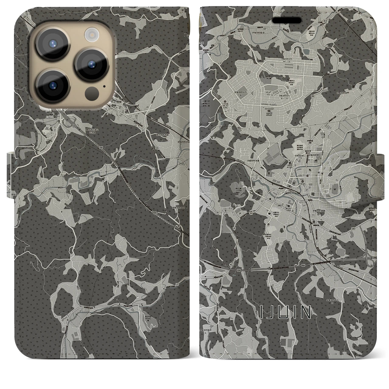 【伊集院(鹿児島県)】地図柄iPhoneケース(手帳タイプ)モノトーン・iPhone 14 Pro Max 用