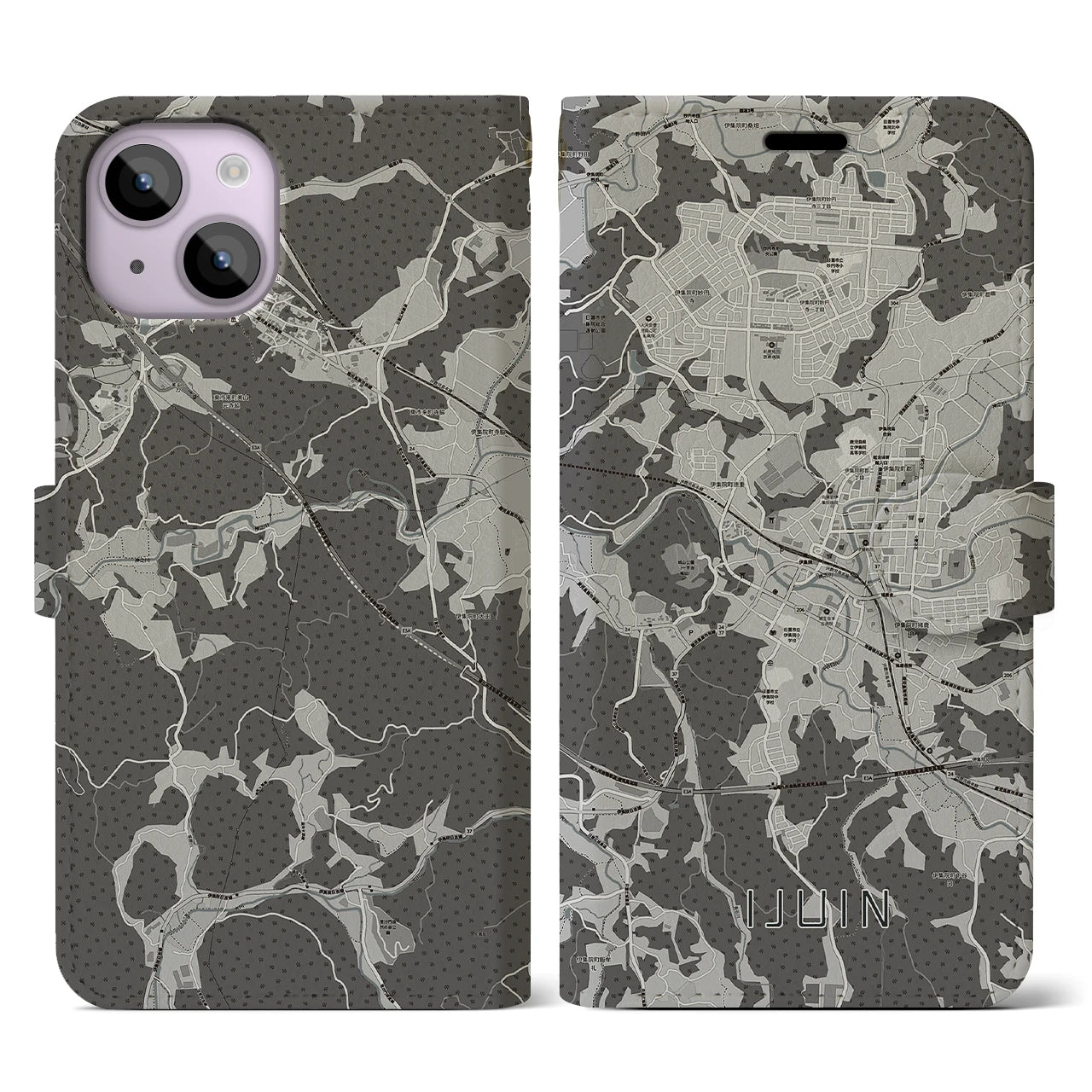 【伊集院(鹿児島県)】地図柄iPhoneケース(手帳タイプ)モノトーン・iPhone 14 用