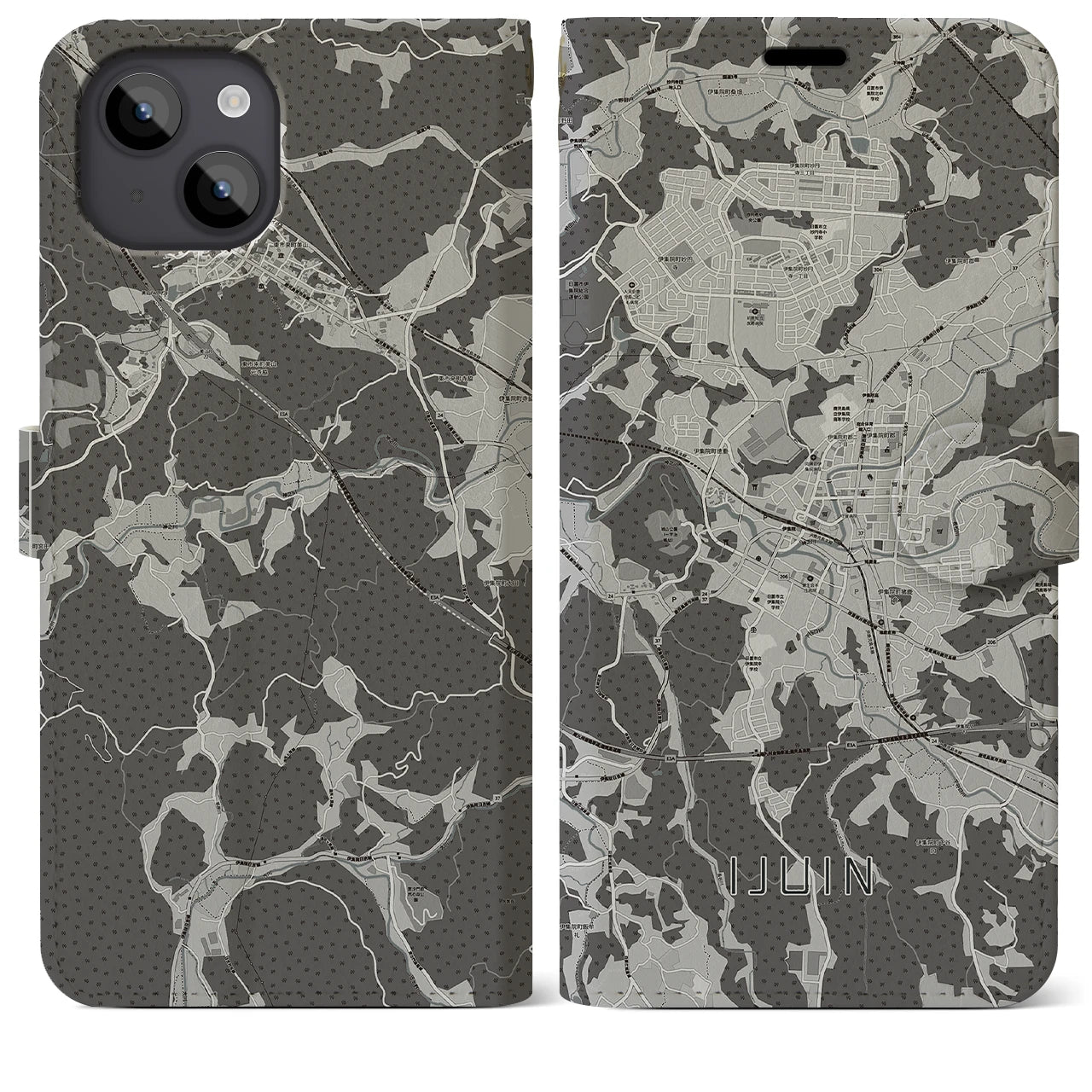 【伊集院(鹿児島県)】地図柄iPhoneケース(手帳タイプ)モノトーン・iPhone 14 Plus 用