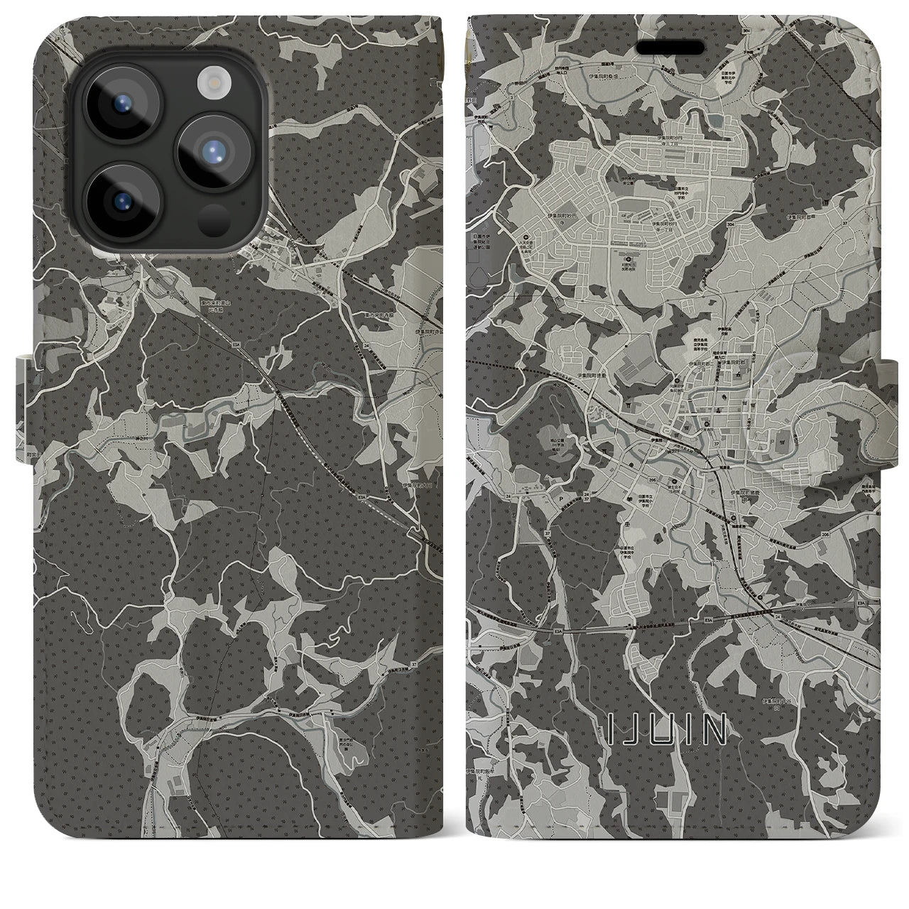 【伊集院(鹿児島県)】地図柄iPhoneケース(手帳タイプ)モノトーン・iPhone 15 Pro Max 用