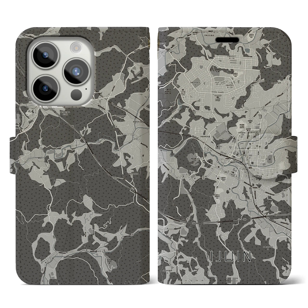 【伊集院(鹿児島県)】地図柄iPhoneケース(手帳タイプ)モノトーン・iPhone 15 Pro 用