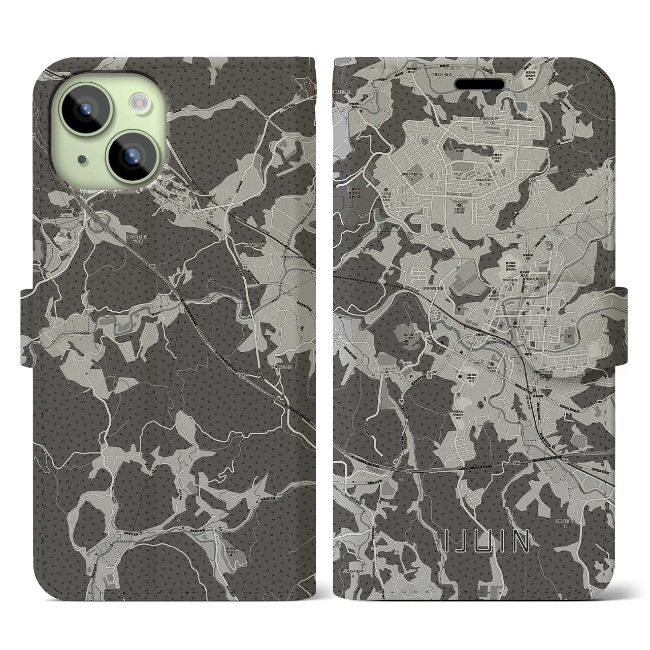 【伊集院(鹿児島県)】地図柄iPhoneケース(手帳タイプ)モノトーン・iPhone 15 用