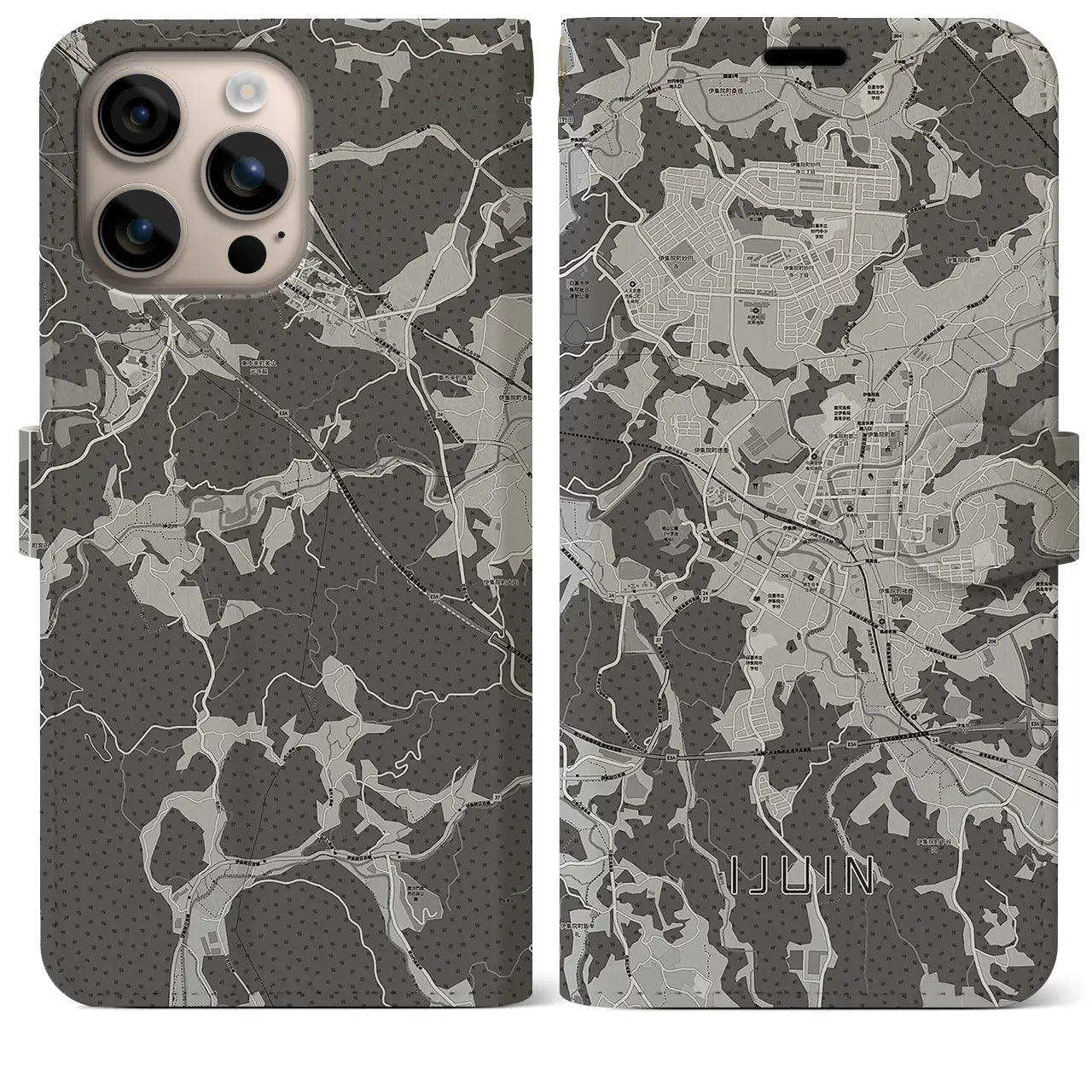 【伊集院(鹿児島県)】地図柄iPhoneケース(手帳タイプ)モノトーン・iPhone 16 Plus 用
