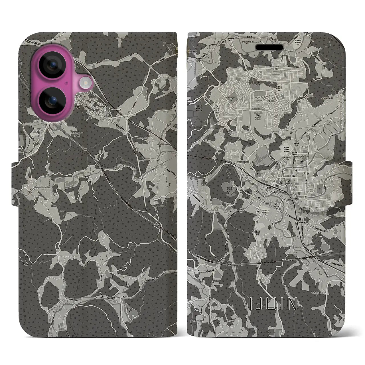 【伊集院(鹿児島県)】地図柄iPhoneケース(手帳タイプ)モノトーン・iPhone 16 Pro 用