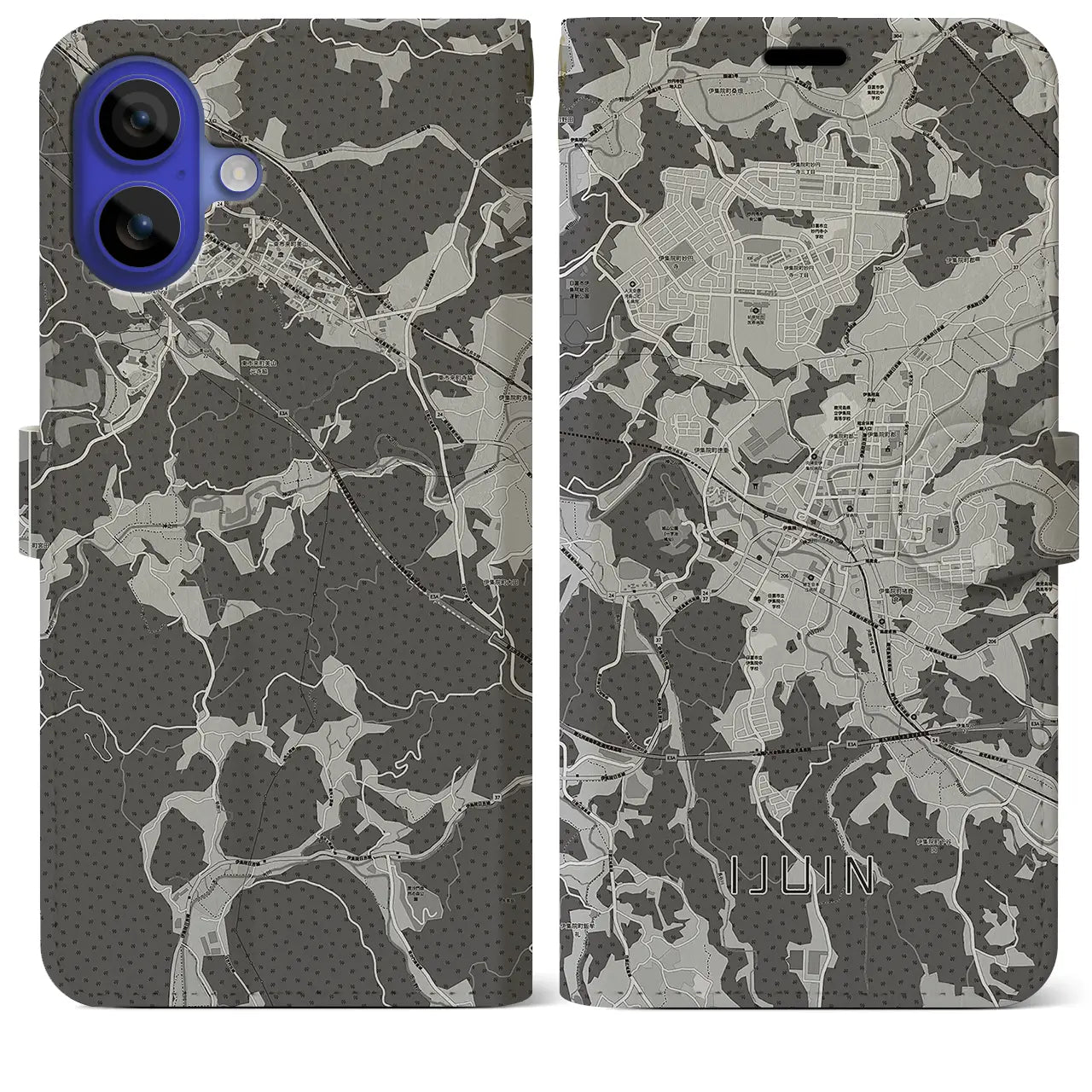 【伊集院(鹿児島県)】地図柄iPhoneケース(手帳タイプ)モノトーン・iPhone 16 Pro Max 用