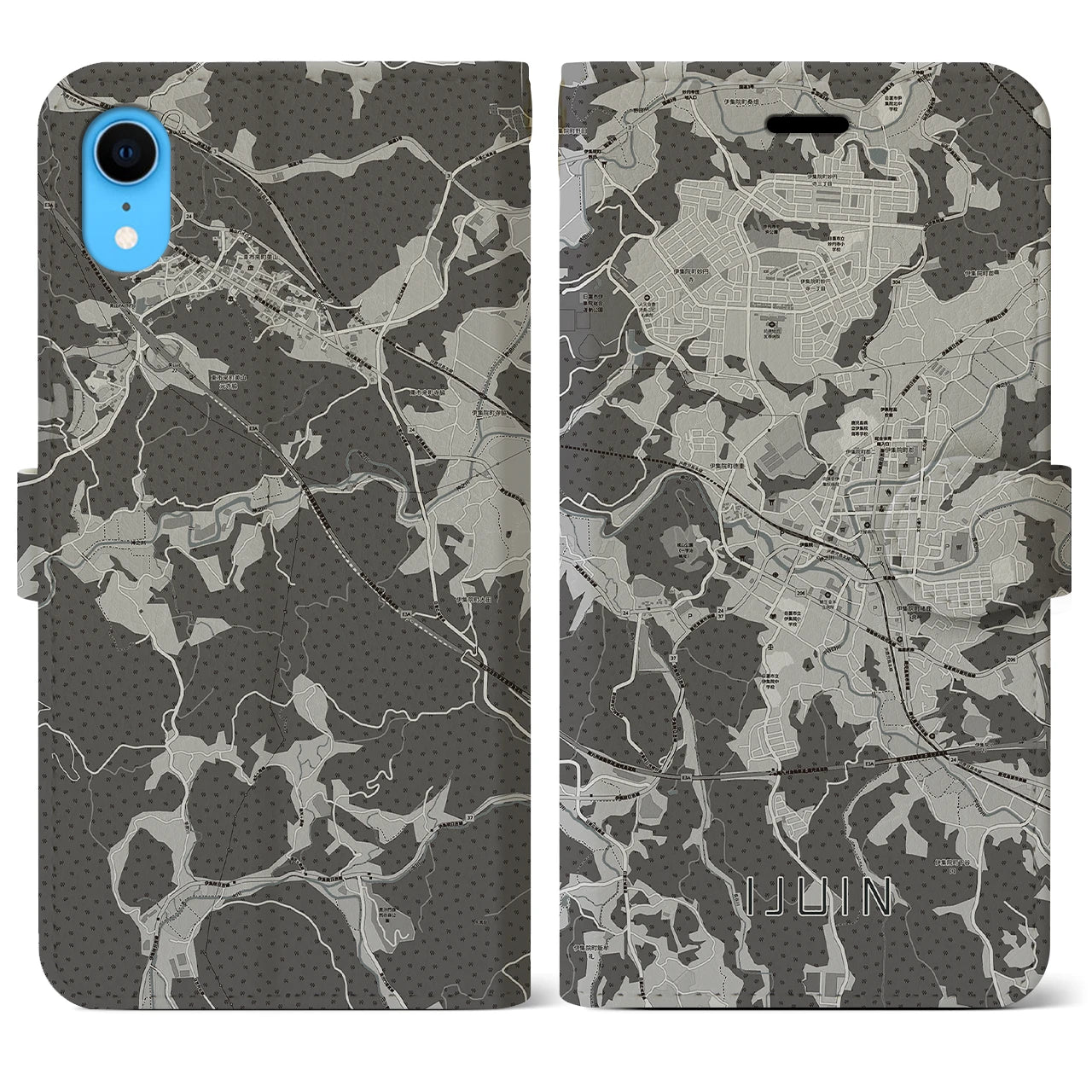 【伊集院(鹿児島県)】地図柄iPhoneケース(手帳タイプ)モノトーン・iPhone XR 用