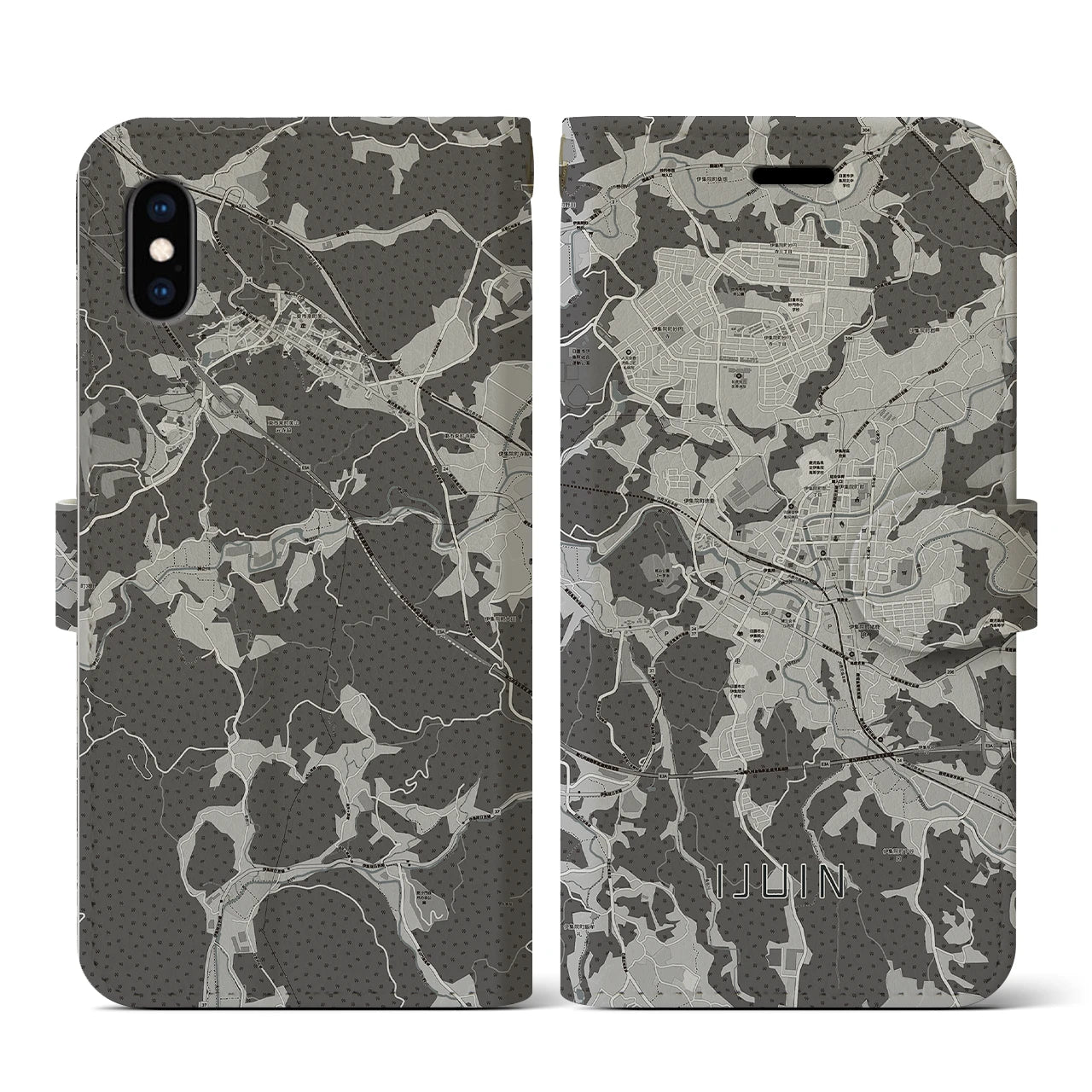 【伊集院(鹿児島県)】地図柄iPhoneケース(手帳タイプ)モノトーン・iPhone XS / X 用