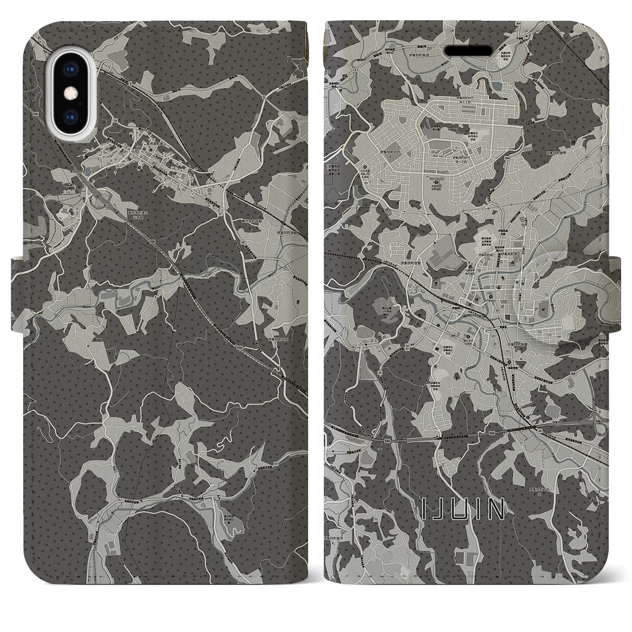 【伊集院(鹿児島県)】地図柄iPhoneケース(手帳タイプ)モノトーン・iPhone XS Max 用