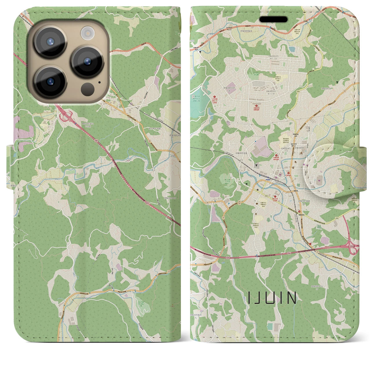 【伊集院(鹿児島県)】地図柄iPhoneケース(手帳タイプ)ナチュラル・iPhone 14 Pro Max 用