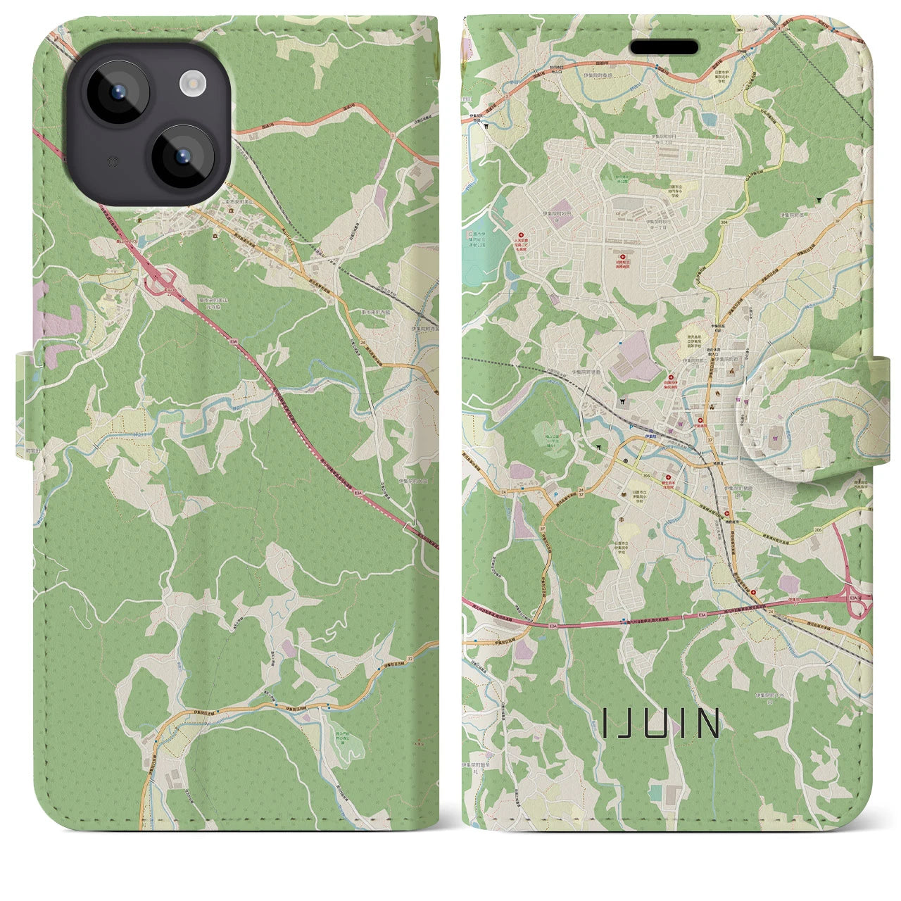 【伊集院(鹿児島県)】地図柄iPhoneケース(手帳タイプ)ナチュラル・iPhone 14 Plus 用