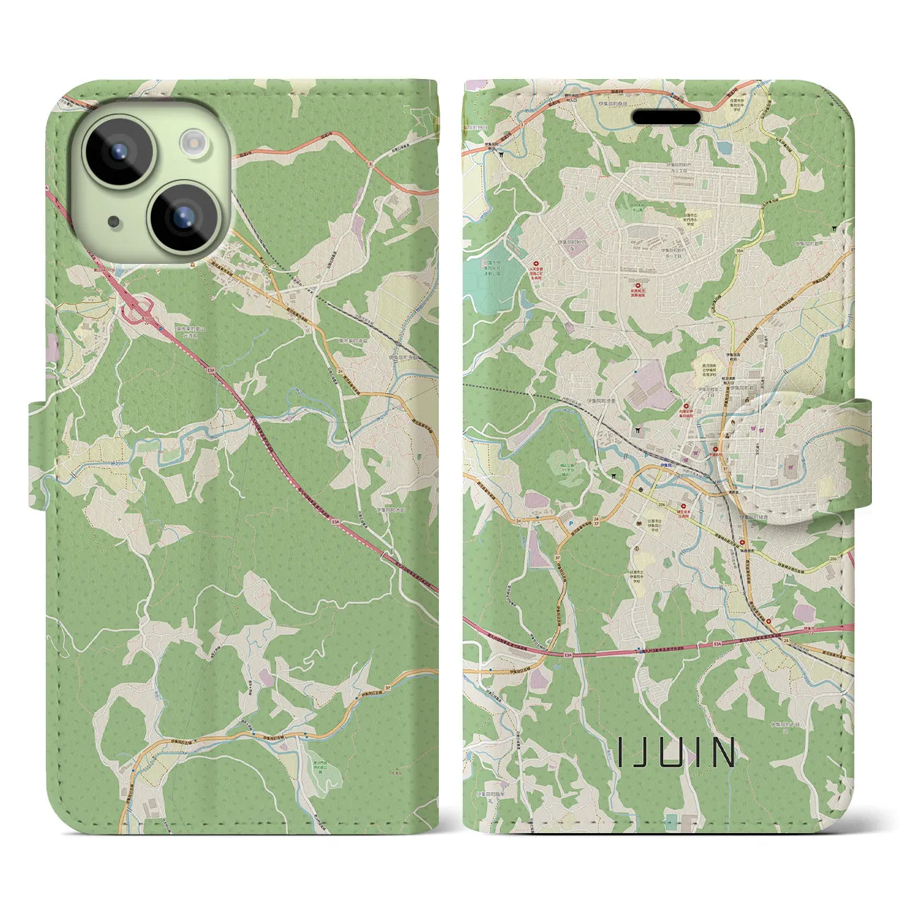 【伊集院(鹿児島県)】地図柄iPhoneケース(手帳タイプ)ナチュラル・iPhone 15 用