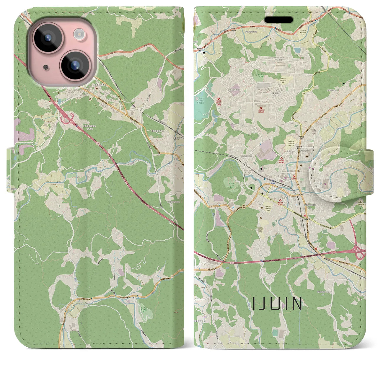 【伊集院(鹿児島県)】地図柄iPhoneケース(手帳タイプ)ナチュラル・iPhone 15 Plus 用