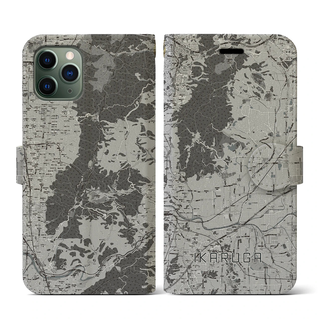 【斑鳩(奈良県)】地図柄iPhoneケース(手帳タイプ)モノトーン・iPhone 11 Pro 用