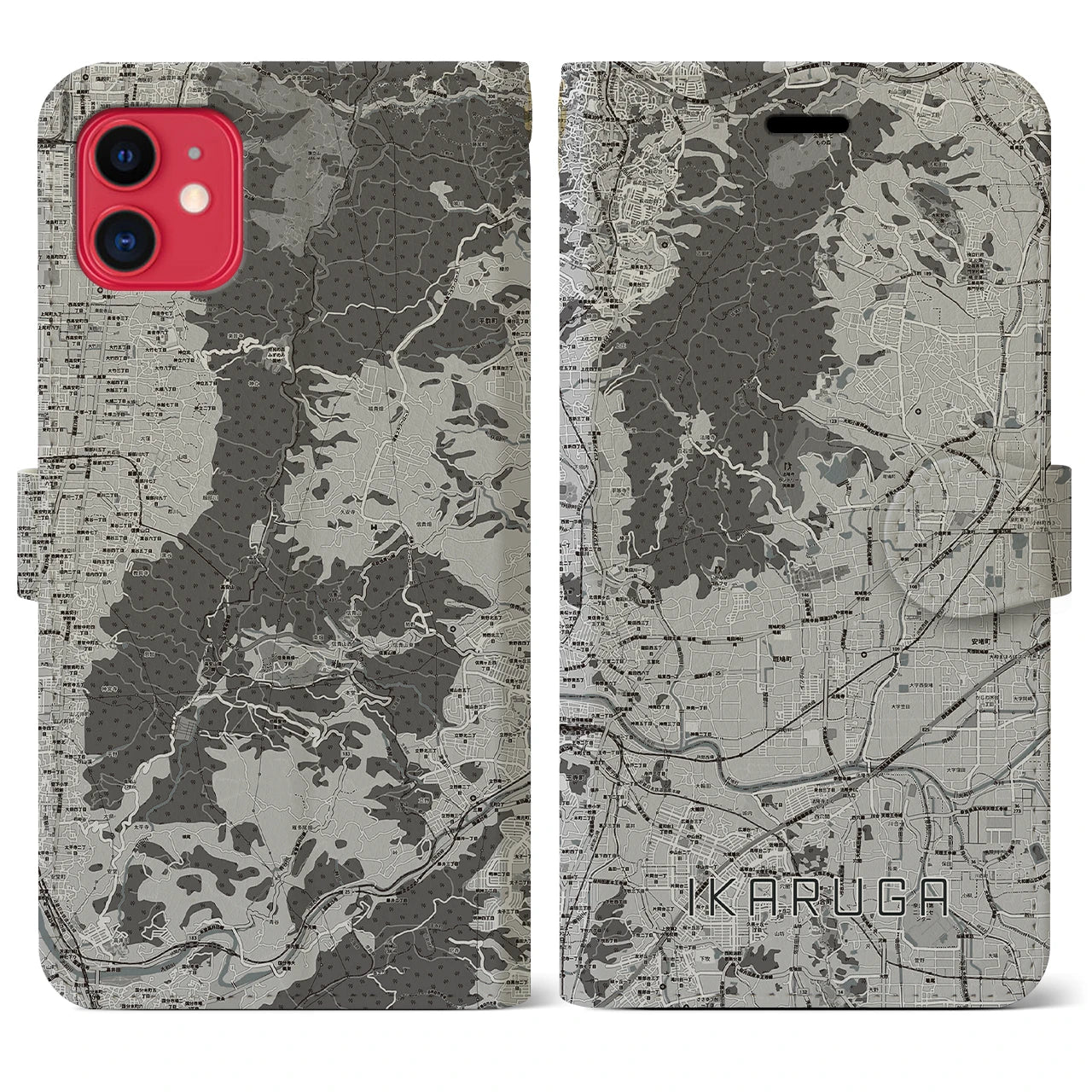 【斑鳩(奈良県)】地図柄iPhoneケース(手帳タイプ)モノトーン・iPhone 11 用