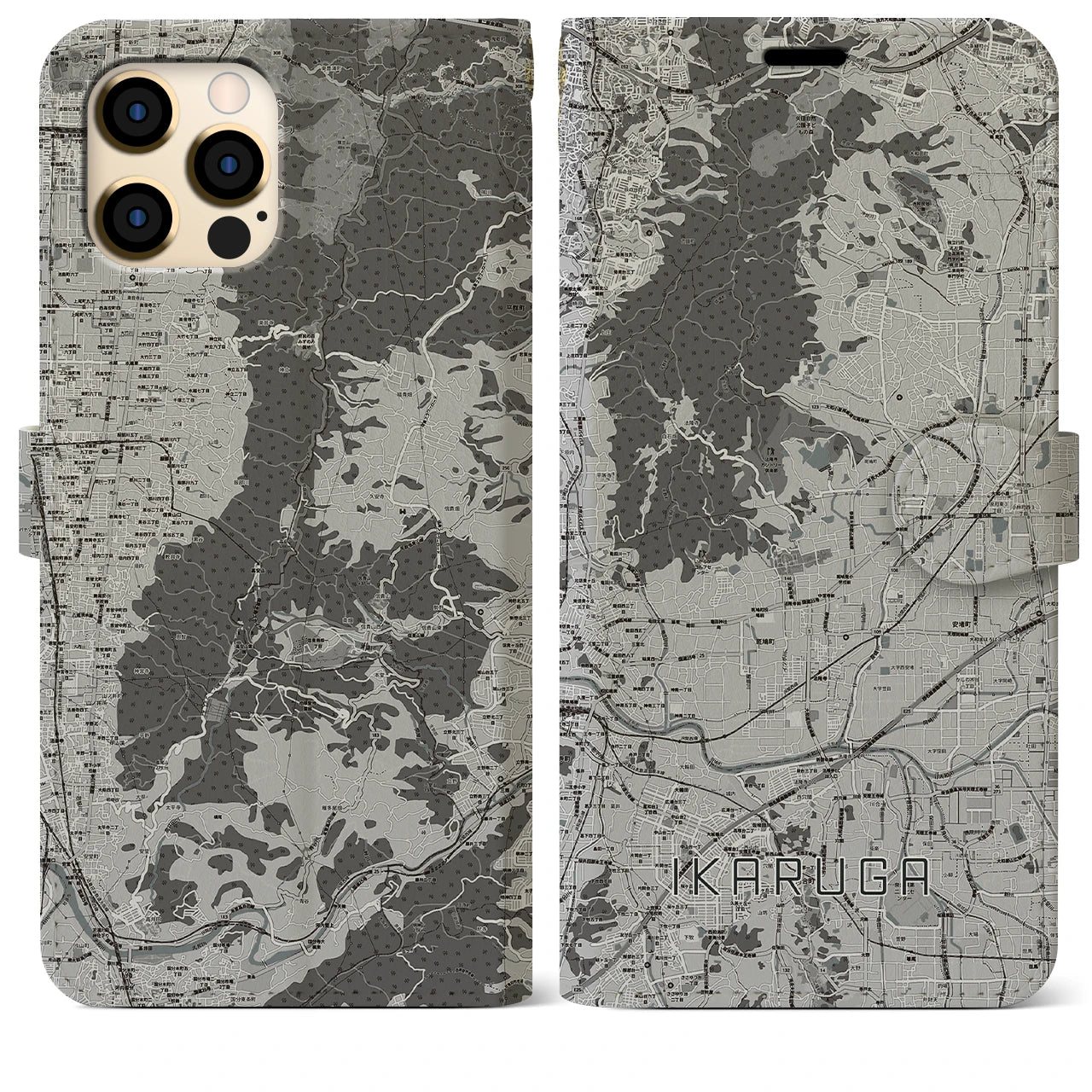 【斑鳩(奈良県)】地図柄iPhoneケース(手帳タイプ)モノトーン・iPhone 12 Pro Max 用