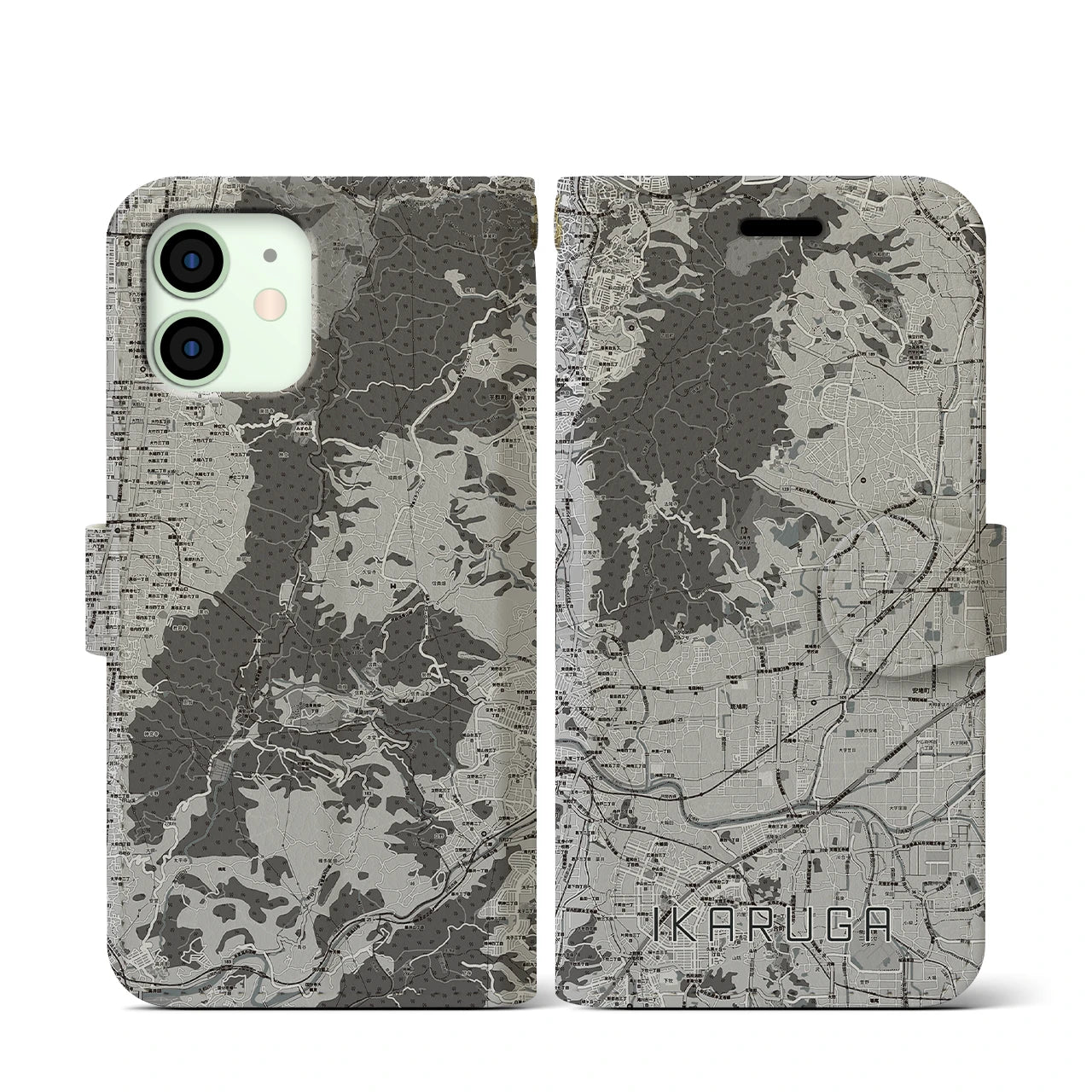 【斑鳩(奈良県)】地図柄iPhoneケース(手帳タイプ)モノトーン・iPhone 12 mini 用