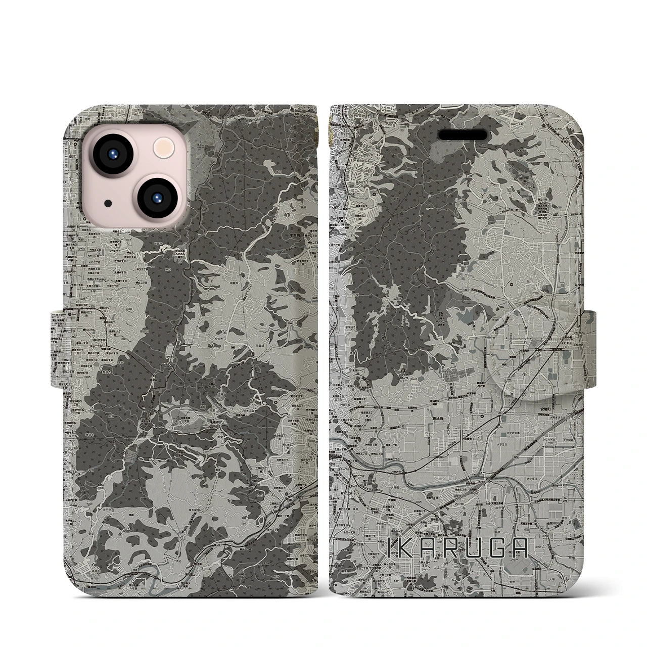 【斑鳩(奈良県)】地図柄iPhoneケース(手帳タイプ)モノトーン・iPhone 13 mini 用