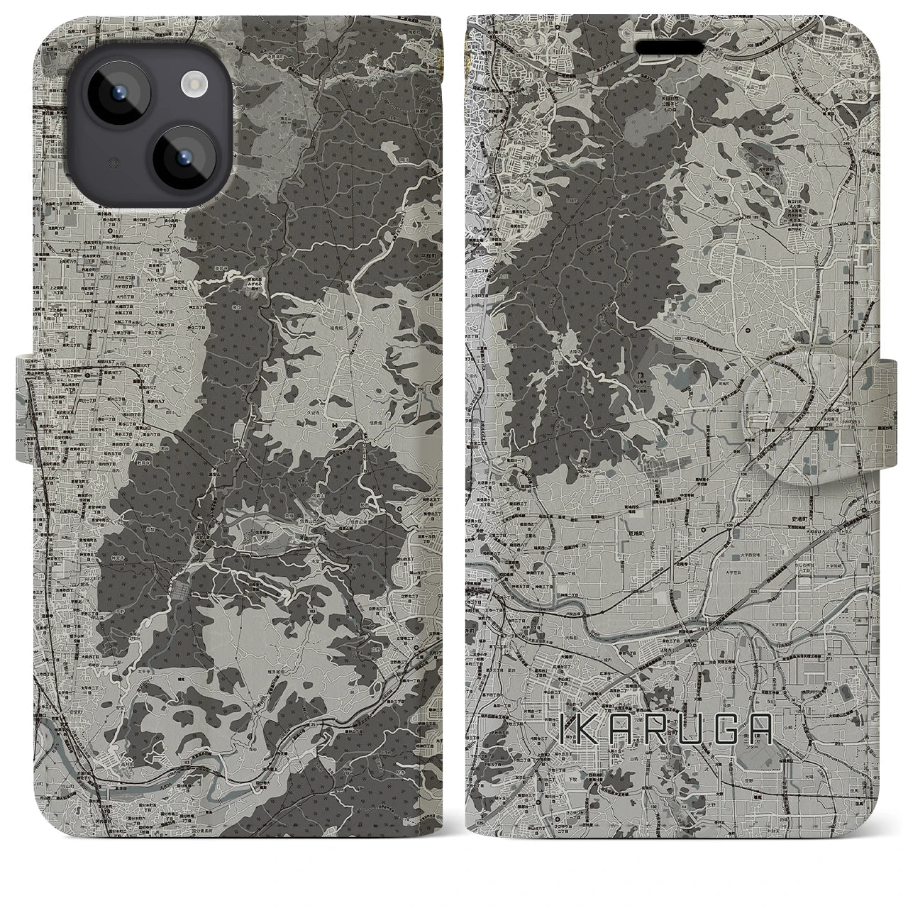 【斑鳩(奈良県)】地図柄iPhoneケース(手帳タイプ)モノトーン・iPhone 14 Plus 用