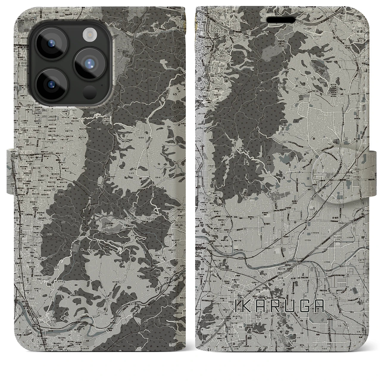 【斑鳩(奈良県)】地図柄iPhoneケース(手帳タイプ)モノトーン・iPhone 15 Pro Max 用