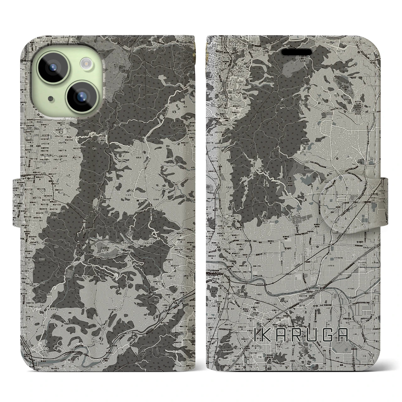 【斑鳩(奈良県)】地図柄iPhoneケース(手帳タイプ)モノトーン・iPhone 15 用