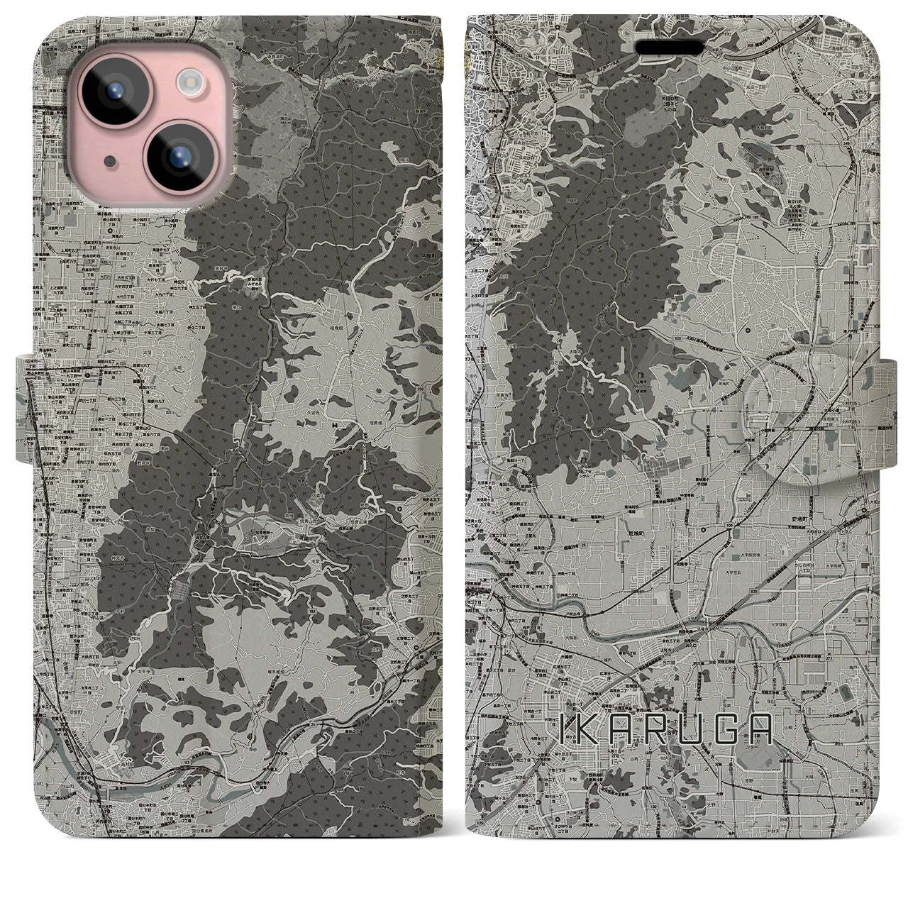 【斑鳩(奈良県)】地図柄iPhoneケース(手帳タイプ)モノトーン・iPhone 15 Plus 用