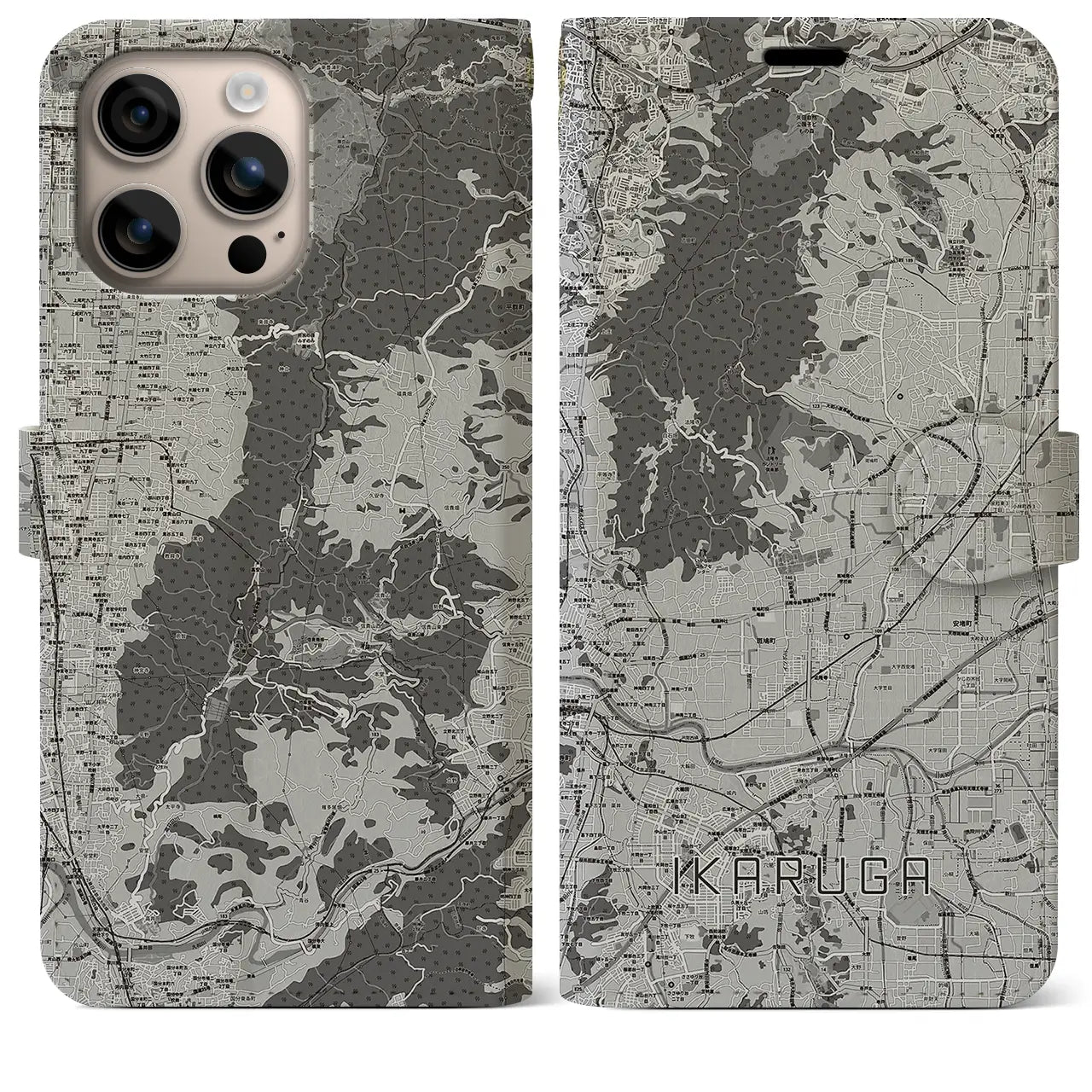 【斑鳩(奈良県)】地図柄iPhoneケース(手帳タイプ)モノトーン・iPhone 16 Plus 用