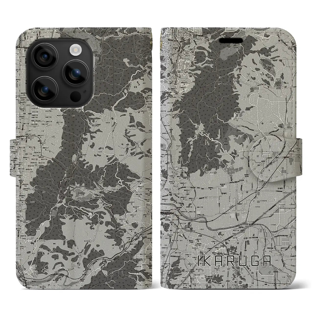 【斑鳩(奈良県)】地図柄iPhoneケース(手帳タイプ)モノトーン・iPhone 16 用