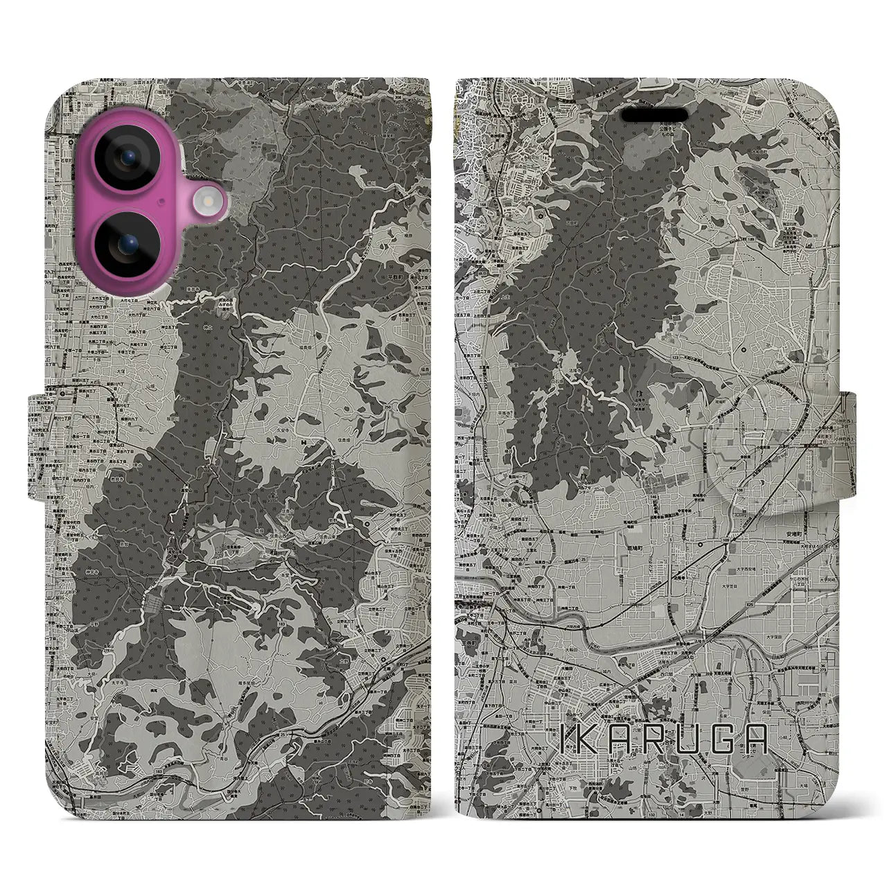 【斑鳩(奈良県)】地図柄iPhoneケース(手帳タイプ)モノトーン・iPhone 16 Pro 用