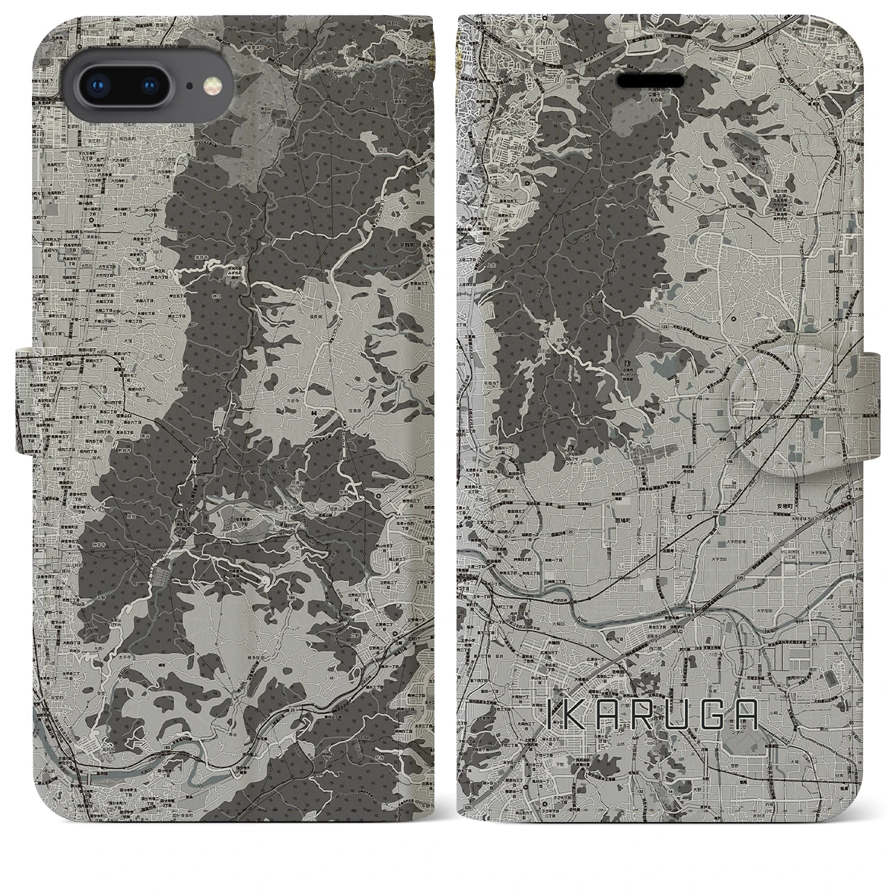 【斑鳩(奈良県)】地図柄iPhoneケース(手帳タイプ)モノトーン・iPhone 8Plus /7Plus / 6sPlus / 6Plus 用