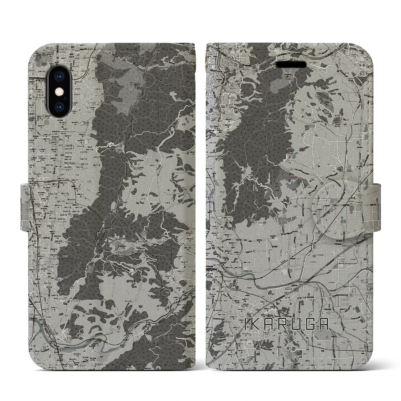 【斑鳩(奈良県)】地図柄iPhoneケース(手帳タイプ)モノトーン・iPhone XS / X 用